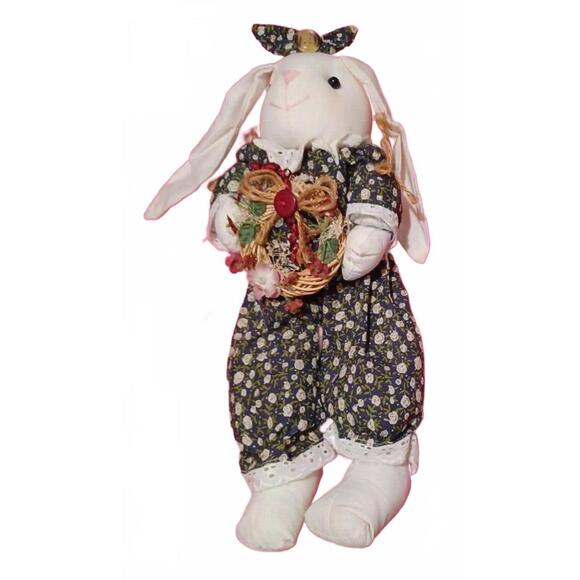 Handmade Stuffed Bunny Rabbit Carrying Wreath of Flowers - Picture 2 of 3